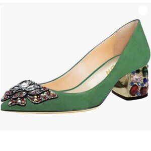 YDN Women Pointed Toe Bow Pump Colorful Rhinestone Block Low Heel Butterfly
